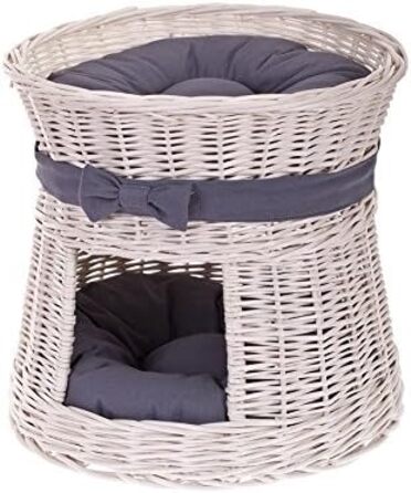 Кругла котяча хатинка e-wicker24 з плетеної лози, двоярусна, з подушкою та бантиком, котячий тур (кремово-сірий)