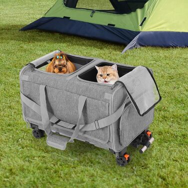 Транспортна переноска для котів та собак Apriltop з двома відділеннями та колесами, 60x40x45 см, сіра