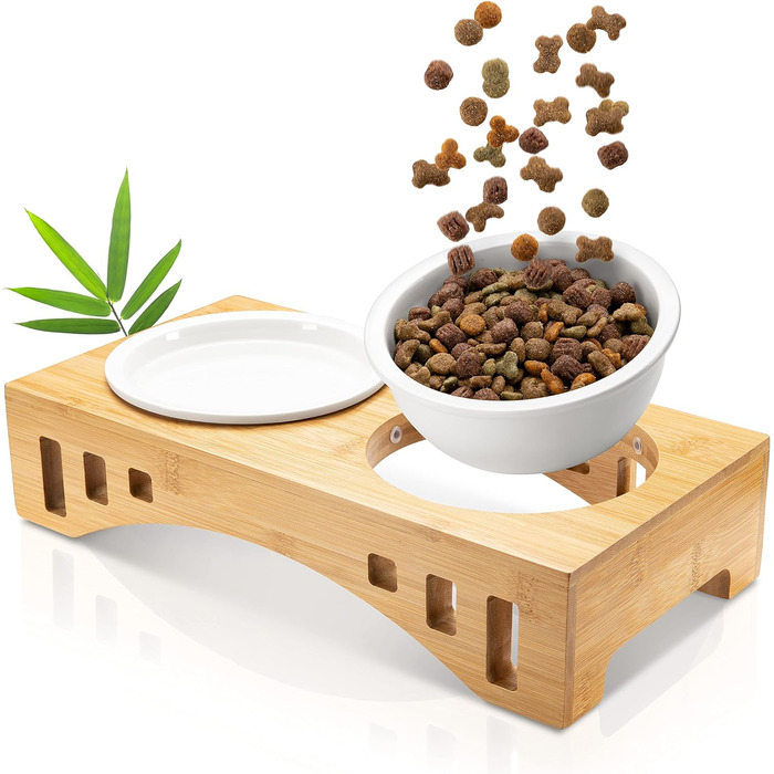 Миска для котів та тварин Giriniwee з бамбукового каркасу, 2 керамічні миски по 400 мл, піднята подвійна миска для кошенят, собак