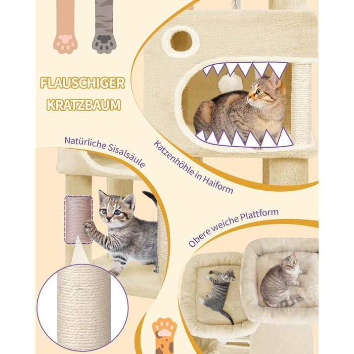 Драбина-кіготь для котів Hzuaneri, 159 см, з 8 стовпчиками, 3 платформами, 2 хованками, кошиком, плюшевими кульками та мотузкою з сизалю. Підходить для котів різних розмірів. MS15918LG (Бежевий)