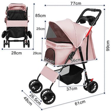 Дитяча коляска для собак та котів Homewell, складана, до 20 кг, з ременями на плече, багажником та тримачем для напоїв (Рожева)