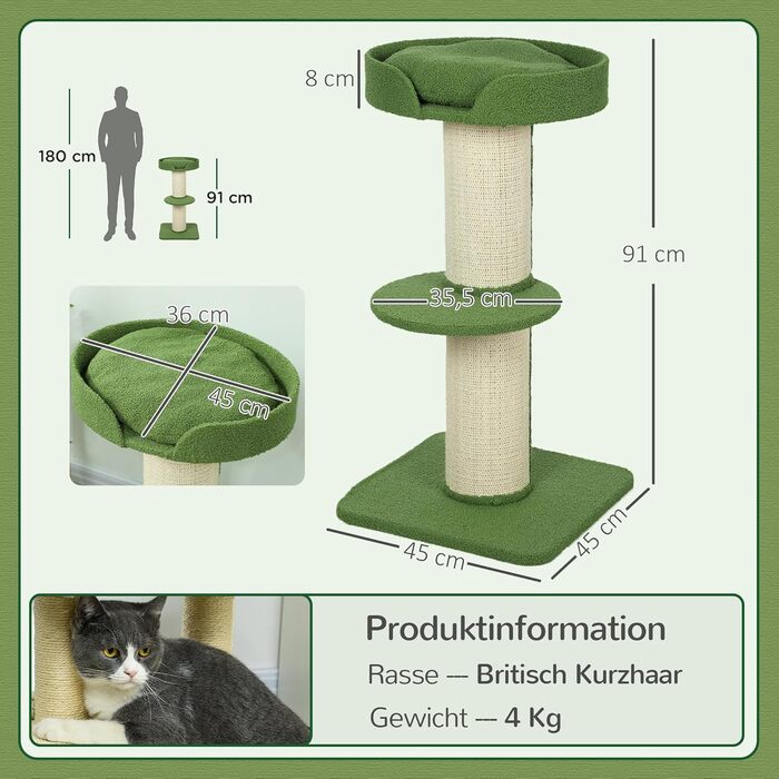 Кігтеточка PawHut 91 см для котів з сизалевих стовпів, платформи та подушками. Багатоярусна кігтеточка-вежа, для середніх котів, зелена