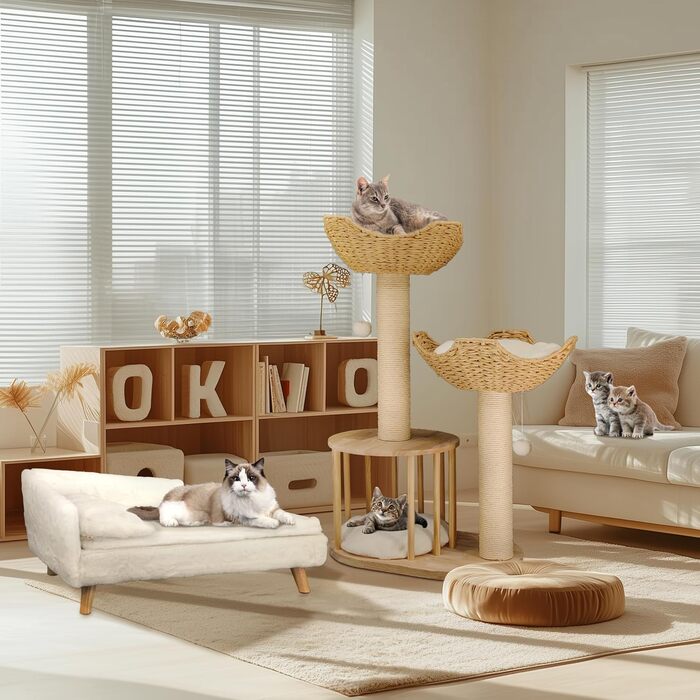 Дерев'яний кігтеточка для котів BingoPaw: сучасний комплекс 99 см з будиночком, м'ячиком та сизалевою колоною. Підходить для котів будь-якого віку.