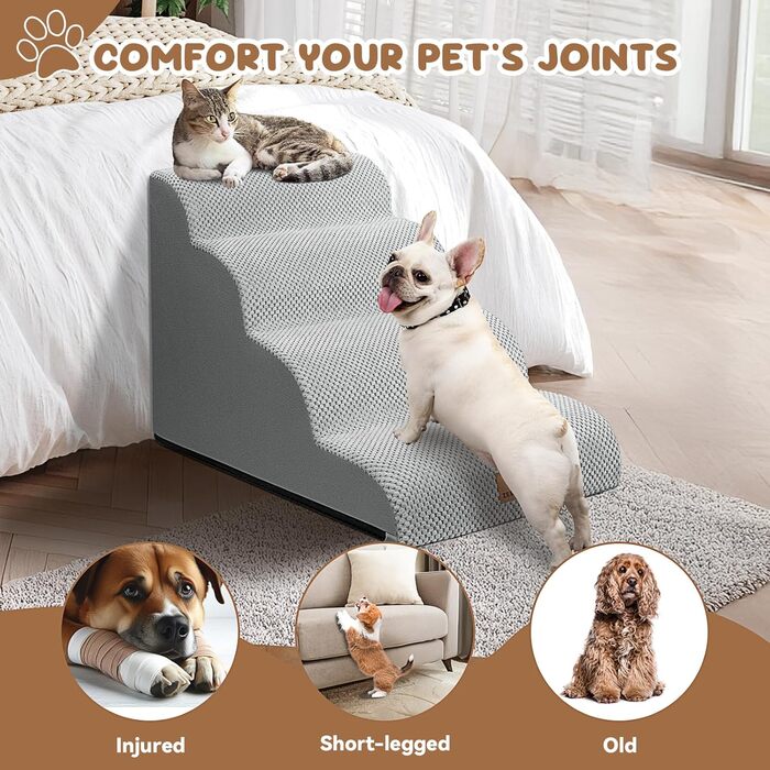 Сходинки для собак 4-х ступеневі для ліжка, 50.8 см, вигнута сходинка для літніх/поранених собак, котів, крісла або дивана, преміум-піна, антиковзаюча рамка для собак