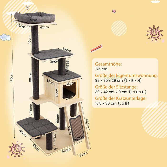 Дерев'яний котячий комплекс COSTWAY, 175 см, з будиночком, сизалевими стовпчиками, платформами та дряпалкою, 6-ярусний, сірий+бежевий