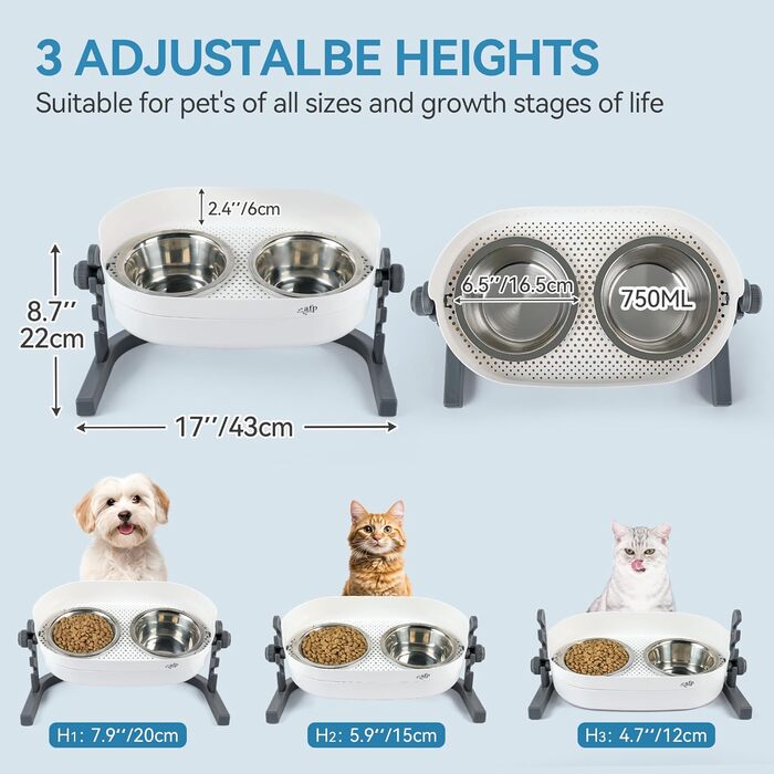 Підвищений годівниця для котів ALL FOR PAWS - 3-рівневий регульований підставка для мисок з 2 мисками з нержавіючої сталі (350 мл кожна), антиковзаюча та захищена від розливання, підходить для кошенят, середніх та великих котів (56 * 30 * 20 см)