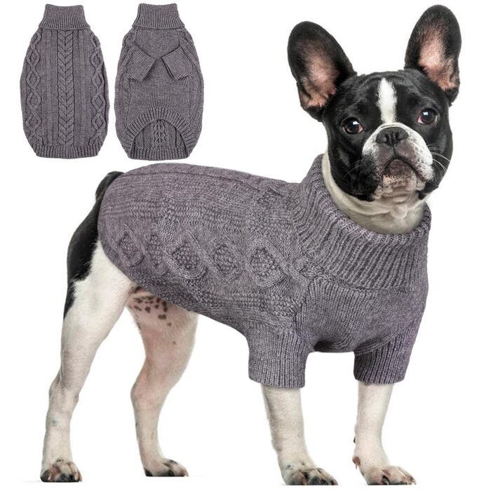 Пуловер для собак - простий та елегантний, теплий, з отвором для повідка, для середніх собак, Французький бульдог (Сірий M) M(Обхват грудей 44см, довжина спини 34см), Сірий