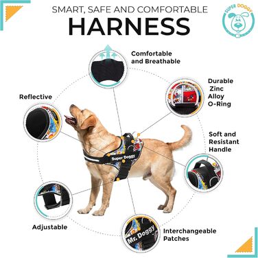 SUPER DOGGY Персоналізована шлейка для собак, світловідбивна, безпечна, з 2 нашивками імені, для малих, середніх і великих порід, розмір XL (30-45 кг), дизайн Comic