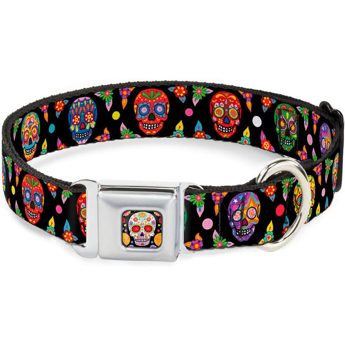 Нашийник для собак Buckle Down Colorful Calaveras, 22,9–38,1 см, чорний з різнокольоровими черепами