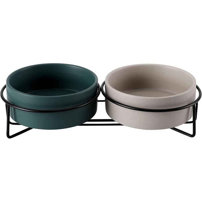 Набір мисок для котів PETTOM з підставкою (2 шт.), кераміка, захист шиї, зелений + сірий
