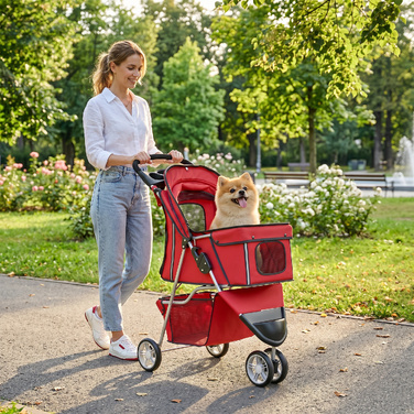 Складаний візок для собак (buggy) з кошиком, подушкою, сітчастим вікном та підстаканником для малих порід до 10 кг, червоний