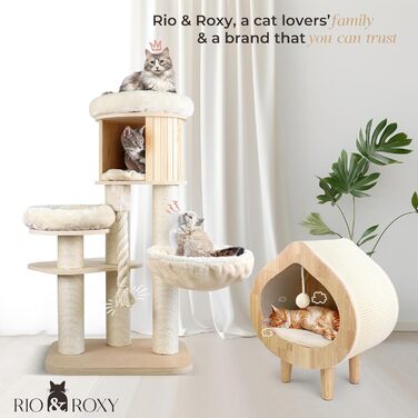 Велика сучасна когтеточка для домашніх котів Rio & Roxy, дерев'яний кітовий комплекс з лежаком, будиночком, драбинкою та гамаками, преміум меблі для кішок