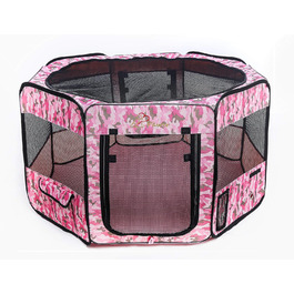 Портативний вольєр для домашніх тварин Pawer, 114x61 см, 8 панелей, рожевий камуфляж, 600D Oxford, для котів/собак/цуценят