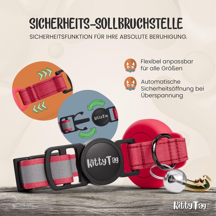 Нашийник для кота KittyTag з аксесуарами, сумісний з Apple Airtag, світловідбиваючий та світловий, GPS, з захистом від задушення, регульований (червоний)