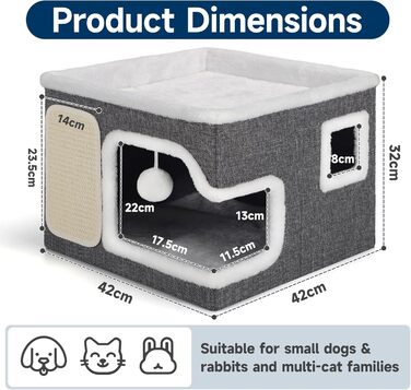 Кігтеточка-будиночок для котів Shikha, 2-ярусна, сіра, XXL, з ігровим м'ячиком, 61x45x32 см