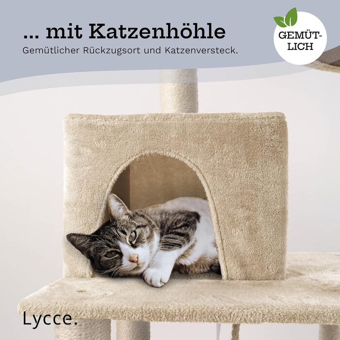Когтеточка-комплекс Lycce Kratzbaum Royal 145 см: багатоярусна з 10 когтеточками, гніздом, гамаком, 4 платформами, плюшевим м'ячиком, бежева, стабільна, економна