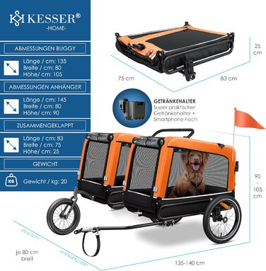 Великий велосипедний причіп для собак KESSER Boxer 3в1, 240 л, амортизований, матеріал Оксфорд 600D, для великих порід, до 40 кг, із підстаканником
