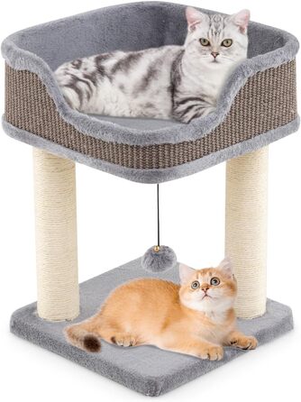 Дряпальня для котів COSTWAY, кігтеточка з плюшем, м'ячиком та сизалевими стовпчиками, дерев'яна, 38x38x51 см (сірий)