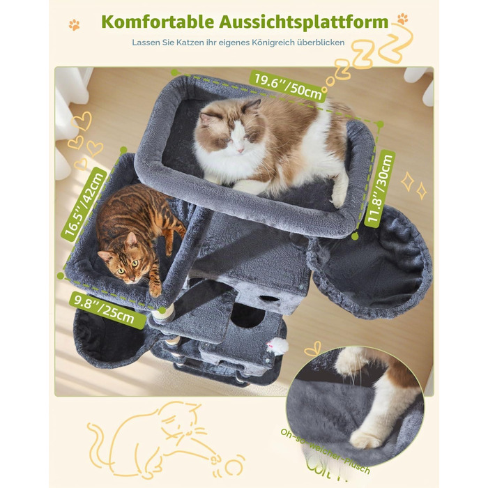 Комплекс для котів Taoqimiao XXL (193 см): Дряпка-стовпчик з будиночками, платформами, гамаком та кошиком, димчасто-сірий/темно-сірий
