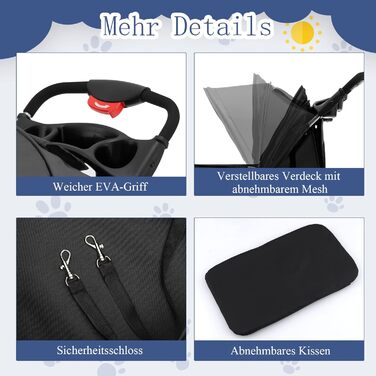 Візок для тварин GYMAX: розкладний візок для котів/собак до 15 кг, з кошиком для зберігання, захистом від дощу та сіткою, 4 колеса, чорний