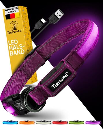 Світловідбиваючий нашийник для собак Tierhood - LED нашийник для собак маленьких та великих порід - Зарядний, довговічний, водостійкий та комфортний - Ідеально для нічних прогулянок - Розмір S (M, обхват шиї 32-47 см), Колір: фіолетовий