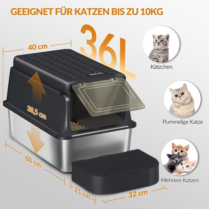 Лоток для котів із нержавіючої сталі XXL, великий туалет для котів 60x40x38,5 см, чорний