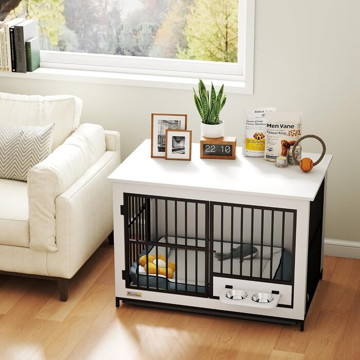 Кія для собак PawHut - переносна будка для собак, біла, 95 x 60 x 68,5 см, з поворотними мисками