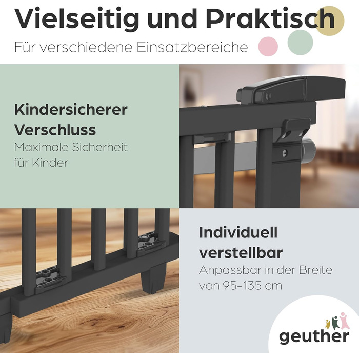 Захист для сходів Geuther Oris | Дверний захист для сходів з кріпленням, 2 клямки для поручнів, ширина, стабільне дерев'яне дитяче ворота, натуральний лак (чорний, 95-135 см)