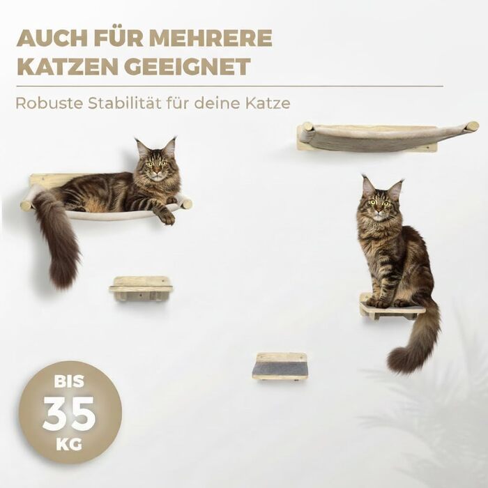 WOOWOOD® Комплект для лазіння котів на стіну (5 частин) - дерев'яний комплекс для котів з драбиною, гамаком та когтеточкою