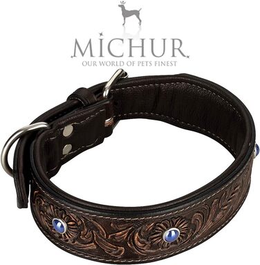 Шкіряний нашийник для собак MICHUR Antonio, коричневий з блакитними камінцями, різні розміри