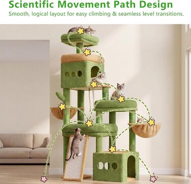 Heybly Kratzbaum HCT060MJ: Великий когтеточка для котів 184 см, 3 рівня, 2 печери, 2 кошики, сизаль, для декількох котів (Зелено-Жовтий)