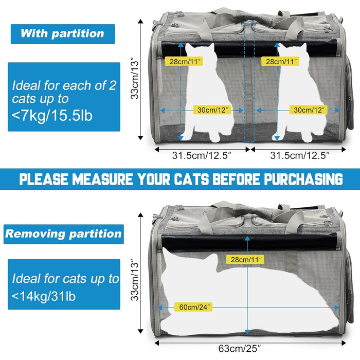 Переноска для котів велика, на колесах, 2-в-1 з відділеннями, з іграшкою та ремінком (сіра)