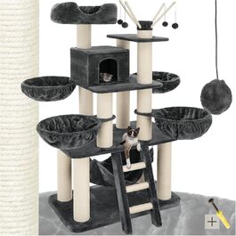 Дерев'яний комплекс для котів Tectake XXL, 195 см, з гамаком, сходами, печерею та когтеточками з сизалю, сірий/білий | 403327