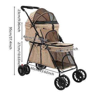 Складаний візок для собак та котів, 2-рівневий, з сумкою та ременями безпеки (Хакі)