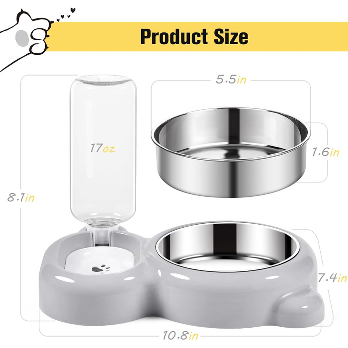 Набір мисок для собак та котів з водопої та миски з нержавіючої сталі - сірий