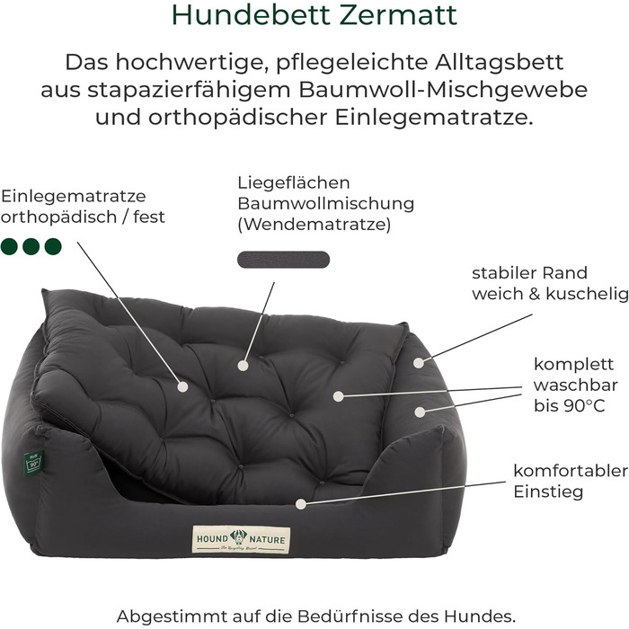 Ортопедичне ліжко для собак HOUND & NATURE Zermatt, корзина для собак середніх порід з високим бортиком, м'яке собаче ліжко з подушкою, яку можна прати (M - 95x70 см, S | 75x60 см, сірий)