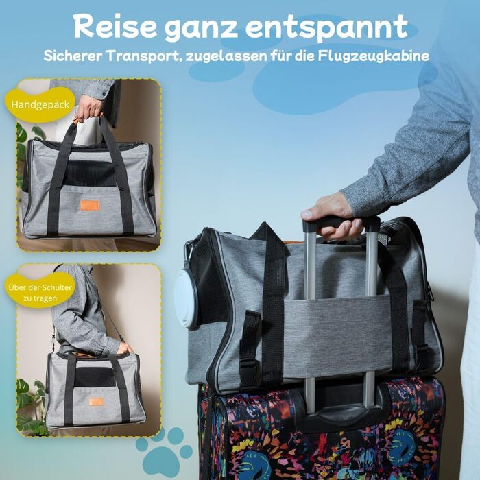 TREKAM Транспортний бокс для котів та маленьких собак з мискою, ковдрою, ременем на плече та м'якою підкладкою - для автомобіля та літака