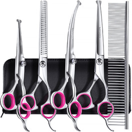 Набір професійних ножиць для грумінгу собак Gimars (4CR, безпечна насадка, титанове покриття, 6-в-1, чорний/рожевий)