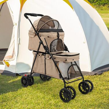 Складаний візок для собак та котів, 2-рівневий, з сумкою та ременями безпеки (Хакі)