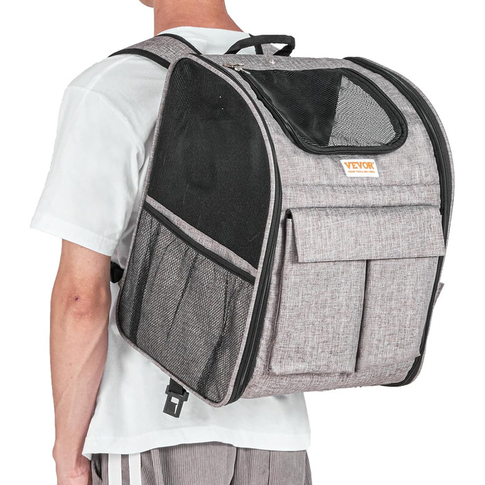 Тролей для собак VEVOR, складний, до 8,1 кг, сірий. Зручний рюкзак-переноска для тварин з 5 кишенями. Ідеально для подорожей та прогулянок