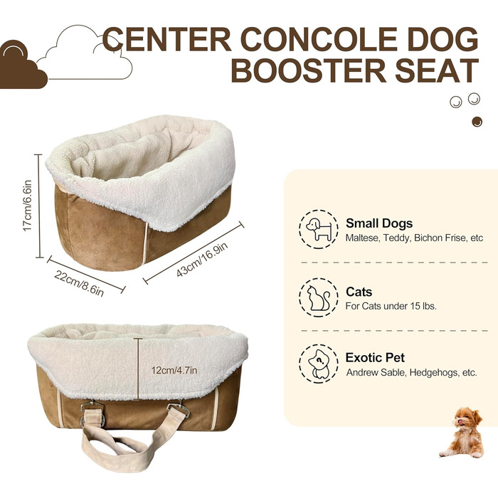 Автокрісло для собак, підходить для маленьких собак до 13,6 кг, з підголівником та безпечним ременем, коричневе, з кишеньками для зберігання