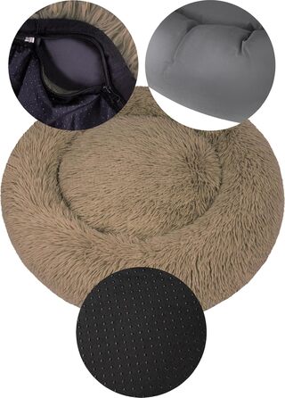 Кругле собаче ліжко Normani для великих і маленьких собак - ергономічна подушка-донат, собача лежанка з високим бортиком, колір коричневий, розмір 60x60x22 см