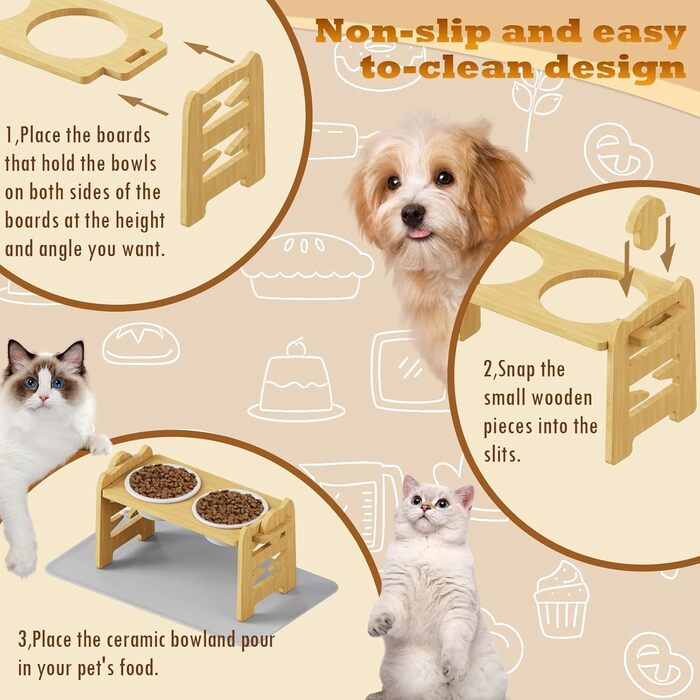 Підвищена годівниця для собак з підставкою, регульована висота, годівниця для маленьких собак та котів, міцна годівниця з бамбука з 2 керамічними мисками та килимком для тварин