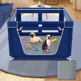 Клітка для цуценят XVISHX з підстилкою DogPads, 106,7 x 107,7 x 66 см, для собак та цуценят, для дому та вулиці, стабільна та безпечна, синього кольору