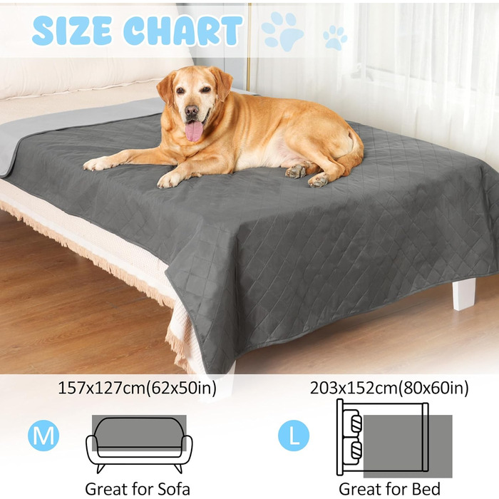 Водонепроникний килимок для собак на диван, ліжко та авто - котячий килимок, захист дивану/ліжка, двосторонній, стійкий до подряпин, можна прати, ідеально підходить для великих/маленьких собак, 203x152 см, сірий
