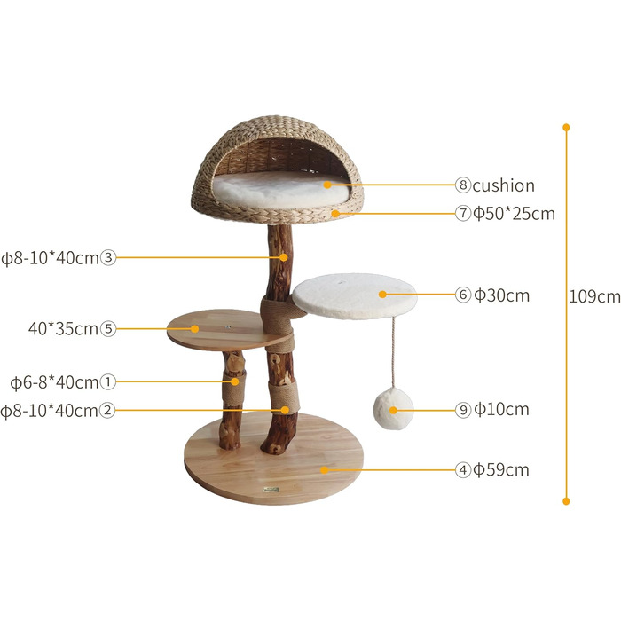 Драбинка для котів Bontoy Stella з дерева, 109 см: міцна, з великим лежанкою та іграшкою, 2 сходинки