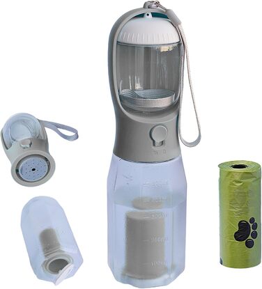 Водяна пляшка для собак PANJAL 600 мл, 4-в-1, витокозахисна, без BPA, з дозатором пакетів та відділенням для ласощів, з фільтром – для прогулянок, походів, подорожей, блакитна