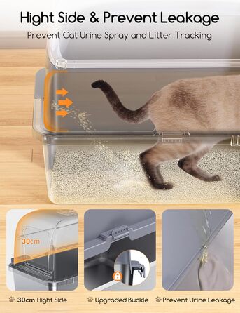Котячий туалет MeoWant з нержавіючої сталі з кришкою, 81 л, закритий, тришаровий, герметичний, із педаллю, лопаткою та килимком, сірий