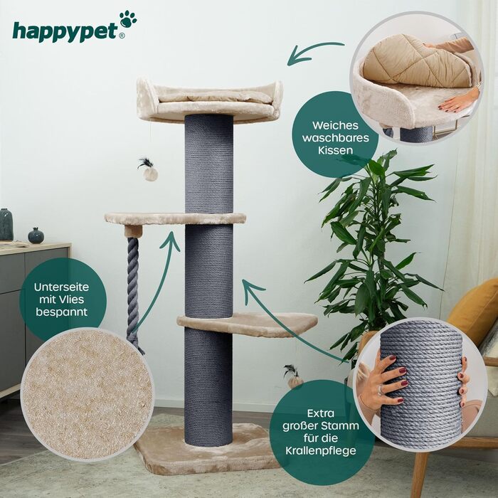 HAPPYPET Premium Когтеточка для великих котів Freddy 150 см, стійке дерево для кішок Мейн-Кун, натуральний сизаль, стовпи 20 см, колір капучино