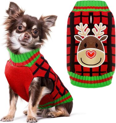 Теплий святковий пуловер для собак з отвором для шлейки, червоний в клітинку, олень. Підходить для малих, середніх та великих собак, котів. Ідеальний для осені та зими.
